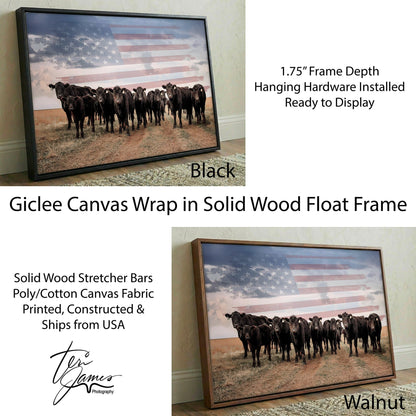 Patriotic Black Angus Art - American Flag Wall Art For Western Home Decor Canvas-Black Frame / 12 x 18 Inches Wall Art Teri James Photography