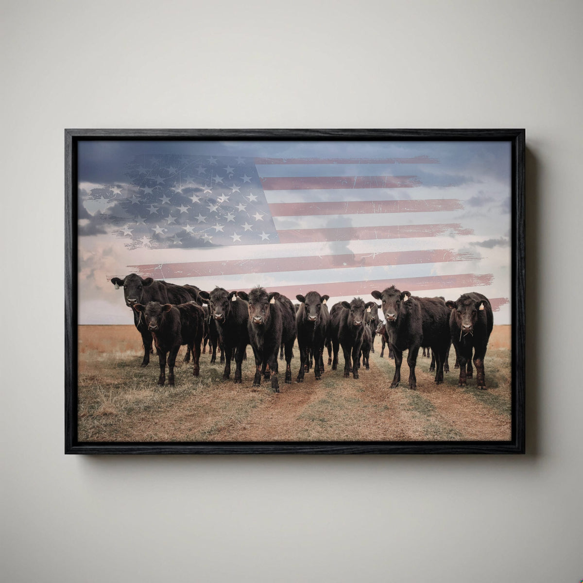 Patriotic Black Angus Art - American Flag Wall Art