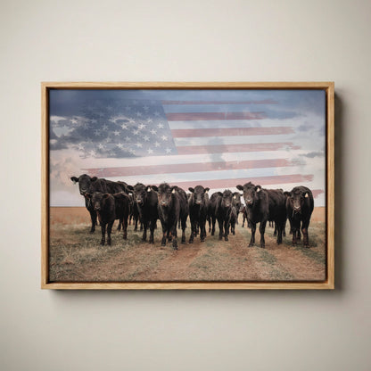 Patriotic Black Angus Art - American Flag Wall Art Canvas-Natural Oak Float Frame / 12 x 18 Inches