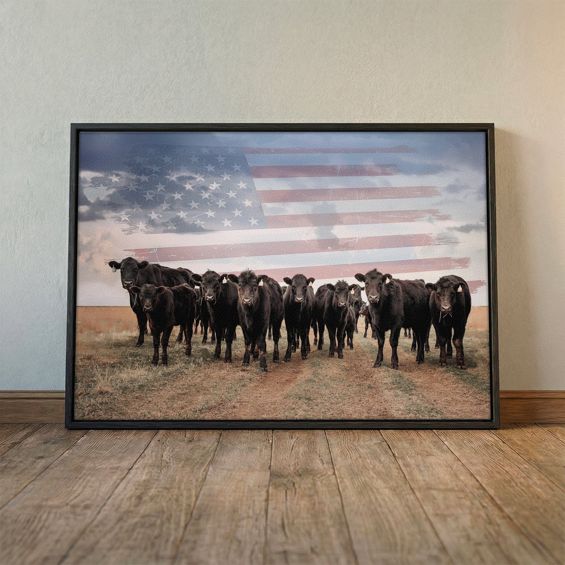 Patriotic Black Angus Cattle with American Flag Wall Art Teri James Photography