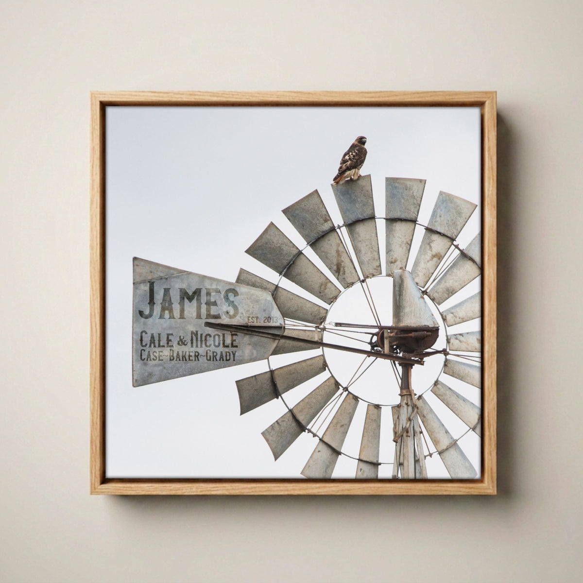 Personalized Cattle Brand Art - Windmill With Your Livestock Brand Canvas-Natural Oak Float Frame / 16 x 16 Inches