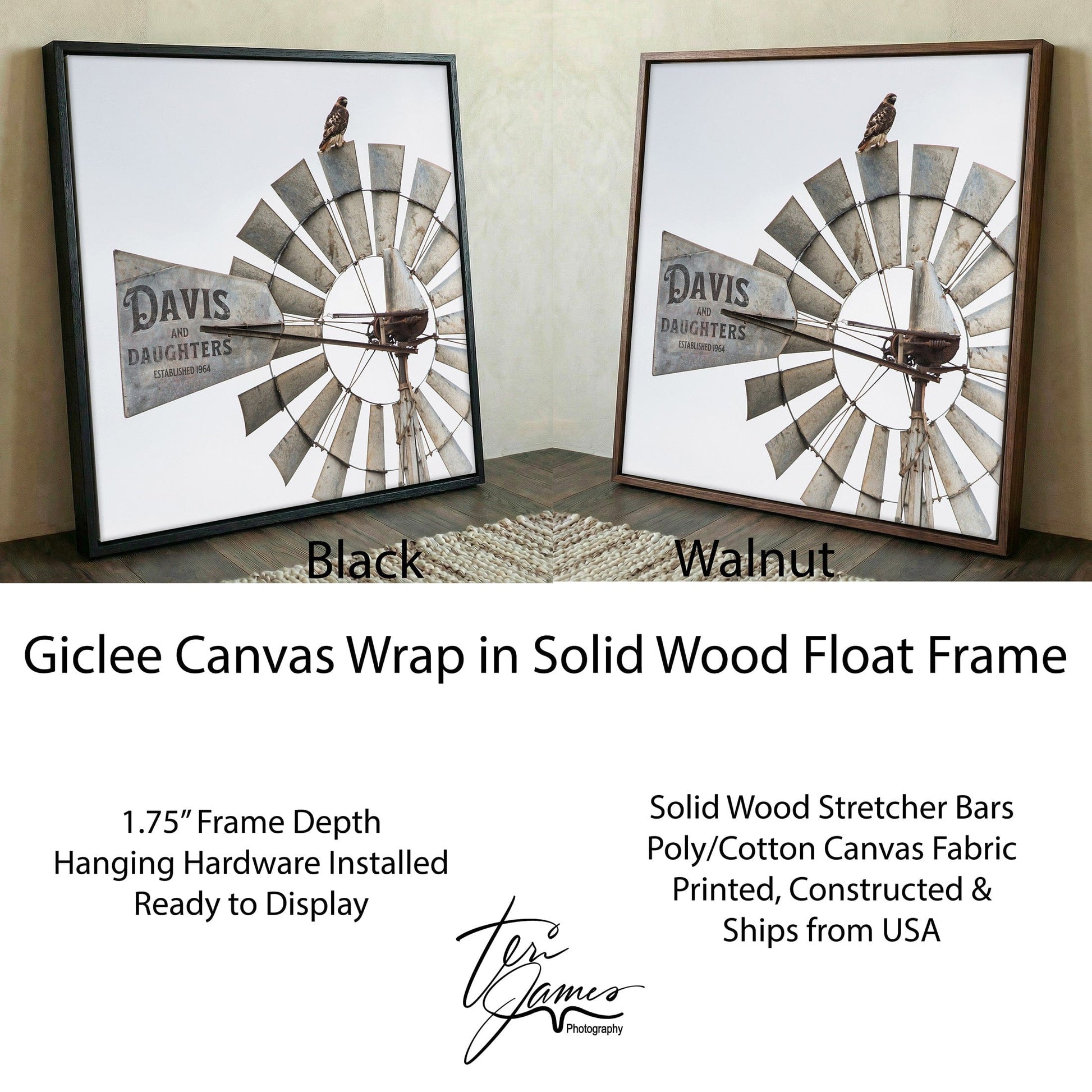Personalized Cattle Brand Art - Windmill With Your Livestock Brand Canvas-Black Frame / 16 x 16 Inches Wall Art Teri James Photography