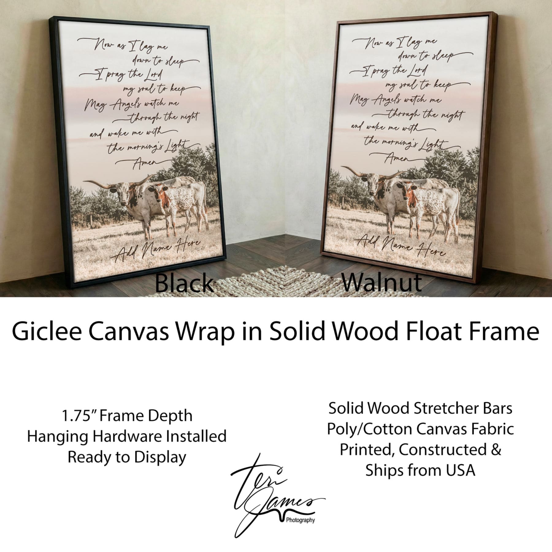 Personalized Western Nursery Art - Longhorn Cow Canvas Canvas-Black Frame / 12 x 18 Inches
