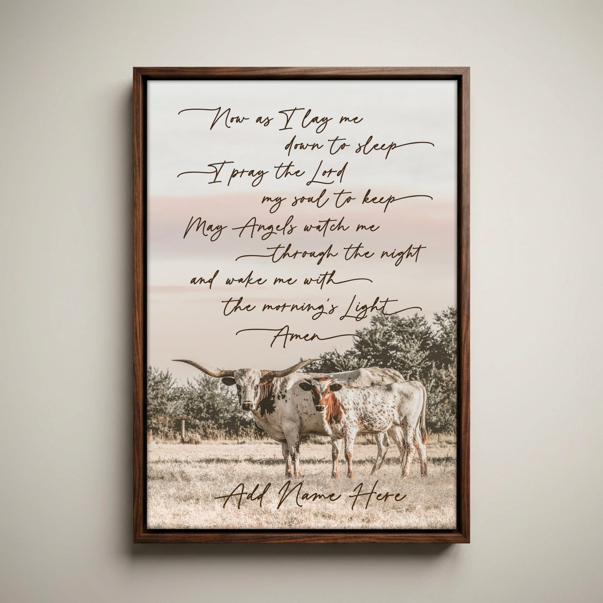 Personalized Western Nursery Art - Longhorn Cow Canvas Canvas-Walnut Frame / 12 x 18 Inches