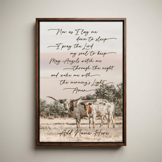 Personalized Western Nursery Art - Longhorn Cow Canvas Canvas-Walnut Frame / 12 x 18 Inches