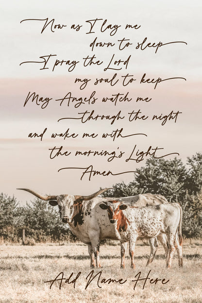 Personalized Western Nursery Art - Longhorn Cow Canvas Mounted Photo Print / 12 x 18 Inches