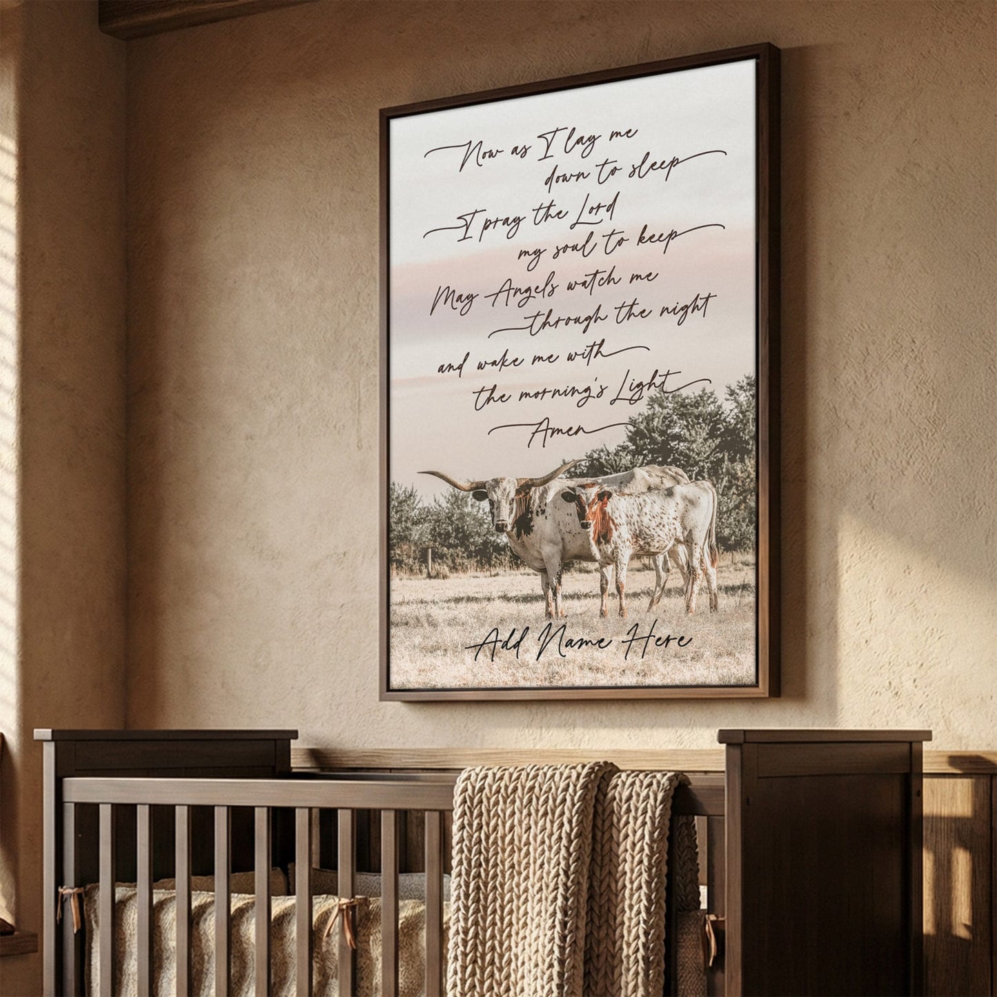 Personalized Western Nursery Art - Longhorn Cow Canvas