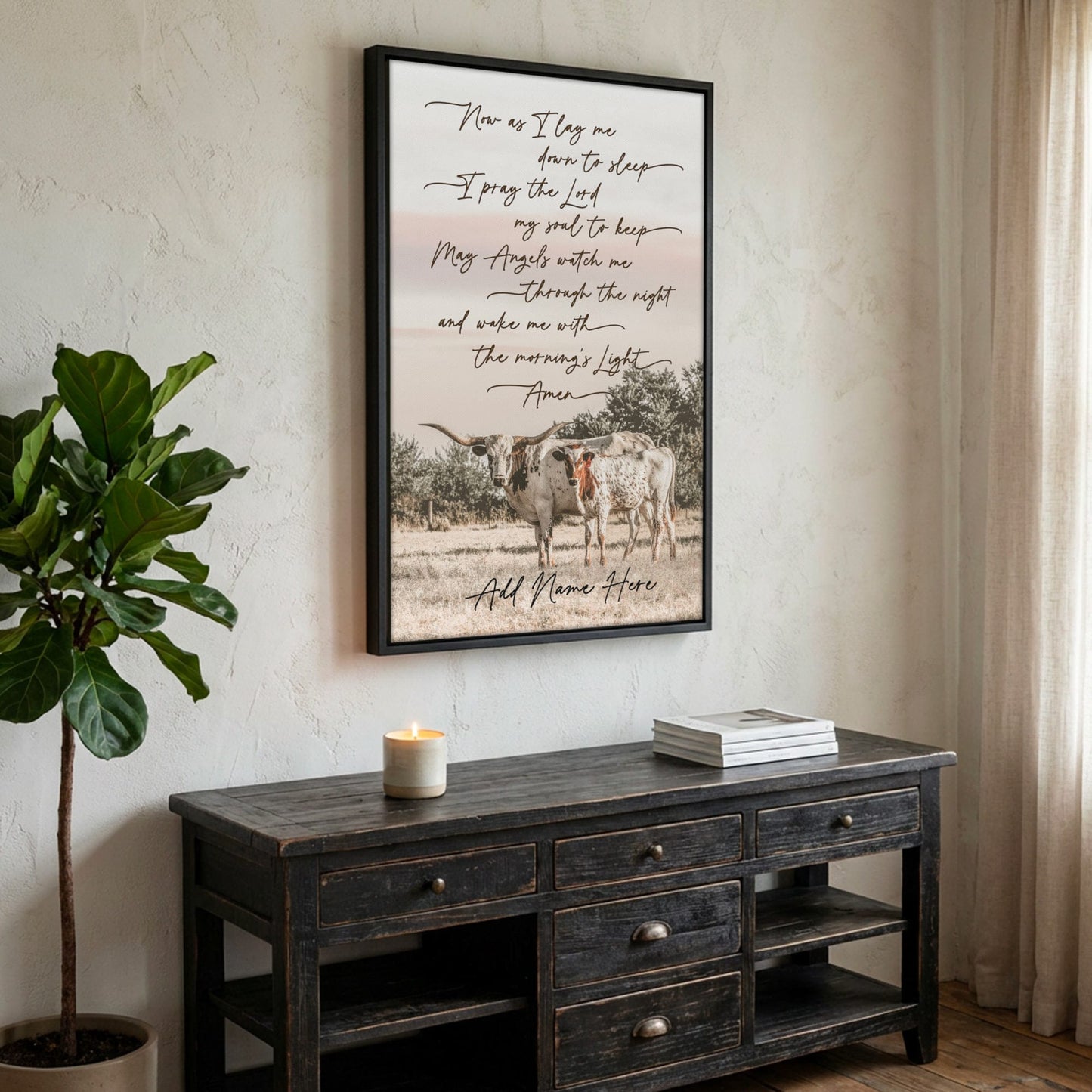 Personalized Western Nursery Art - Longhorn Cow Canvas Canvas-Black Frame / 12 x 18 Inches
