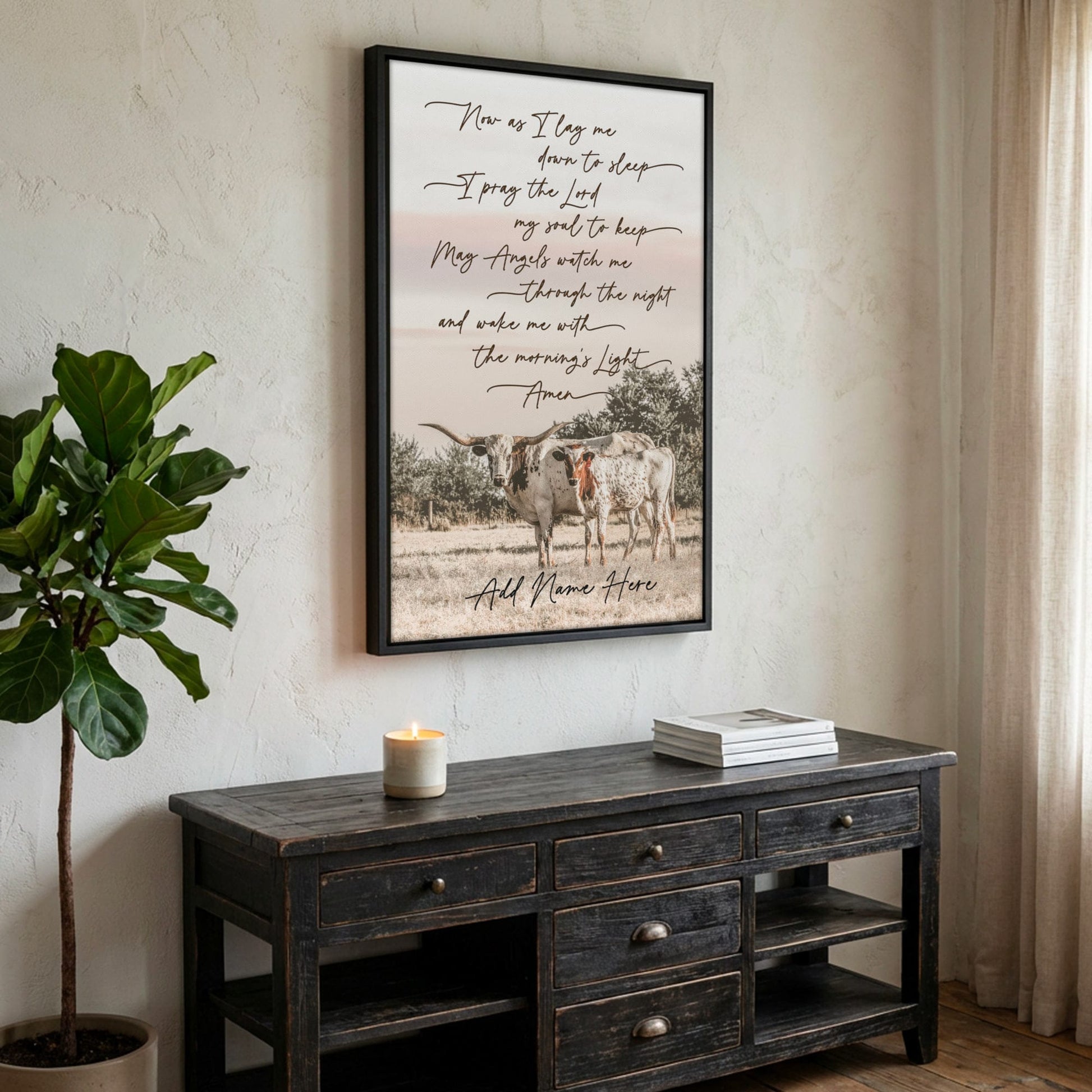 Personalized Western Nursery Art - Longhorn Cow Canvas Canvas-Black Frame / 12 x 18 Inches
