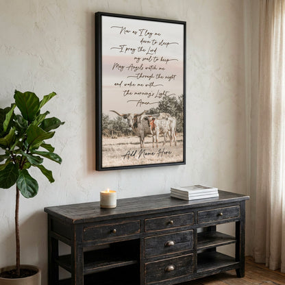Personalized Western Nursery Art - Longhorn Cow Canvas Canvas-Black Frame / 12 x 18 Inches