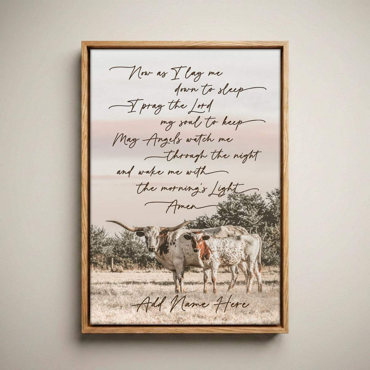 Personalized Western Nursery Art - Longhorn Cow Canvas Canvas-Natural Oak Float Frame / 12 x 18 Inches
