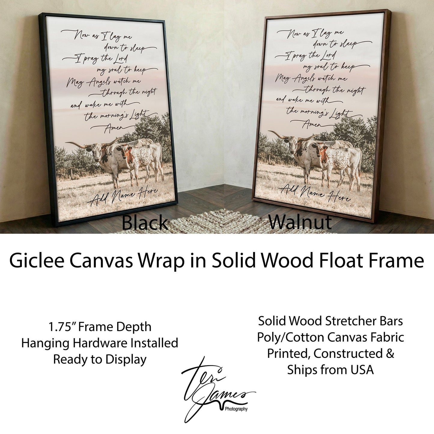 Personalized Western Nursery Art - Longhorn Cow Canvas Canvas-Black Frame / 12 x 18 Inches Wall Art Teri James Photography