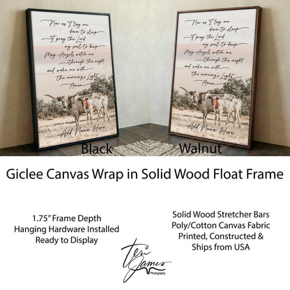 Personalized Western Nursery Art - Longhorn Cow Canvas Canvas-Black Frame / 12 x 18 Inches Wall Art Teri James Photography