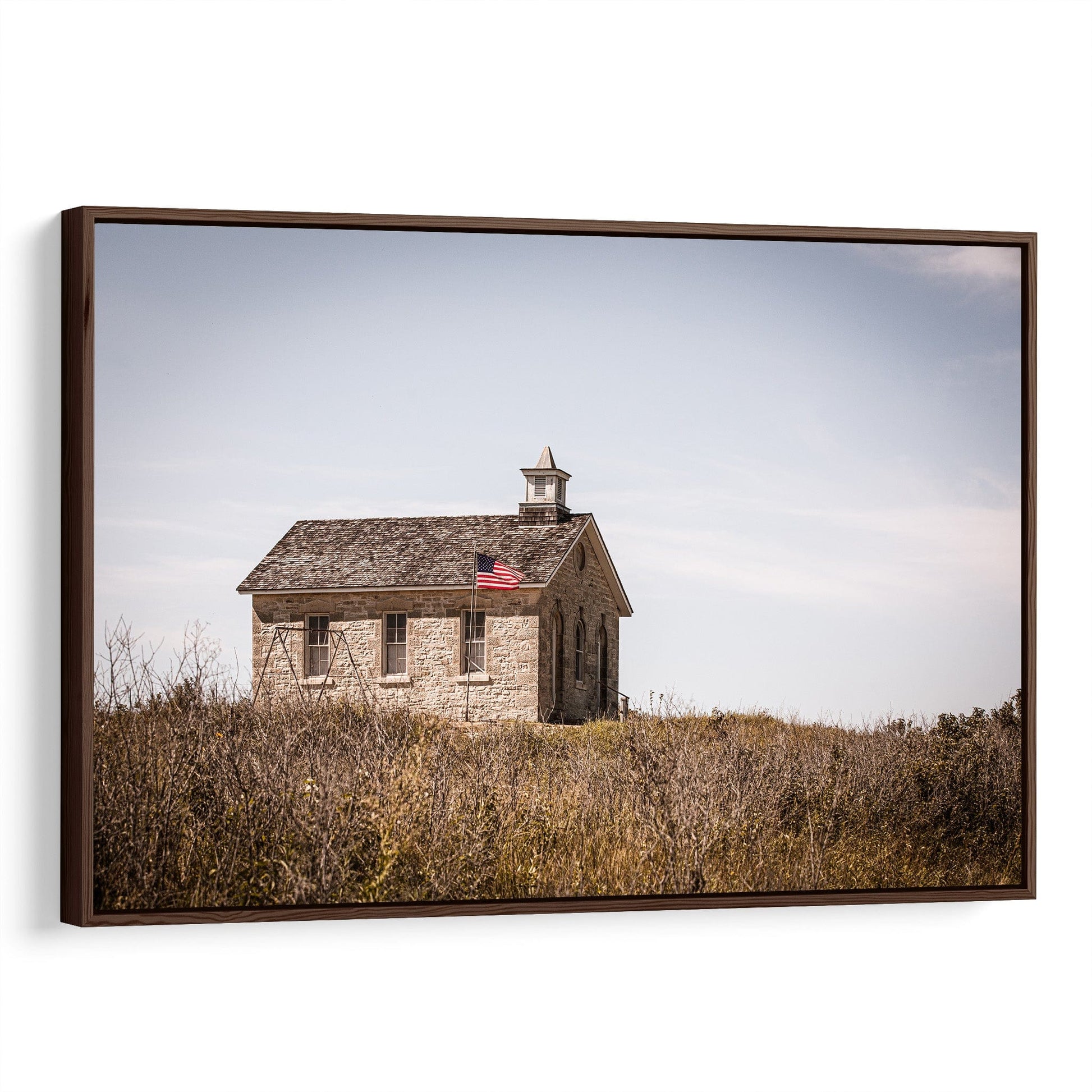 Pioneer School with American Flag Canvas-Walnut Frame / 12 x 18 Inches Wall Art Teri James Photography