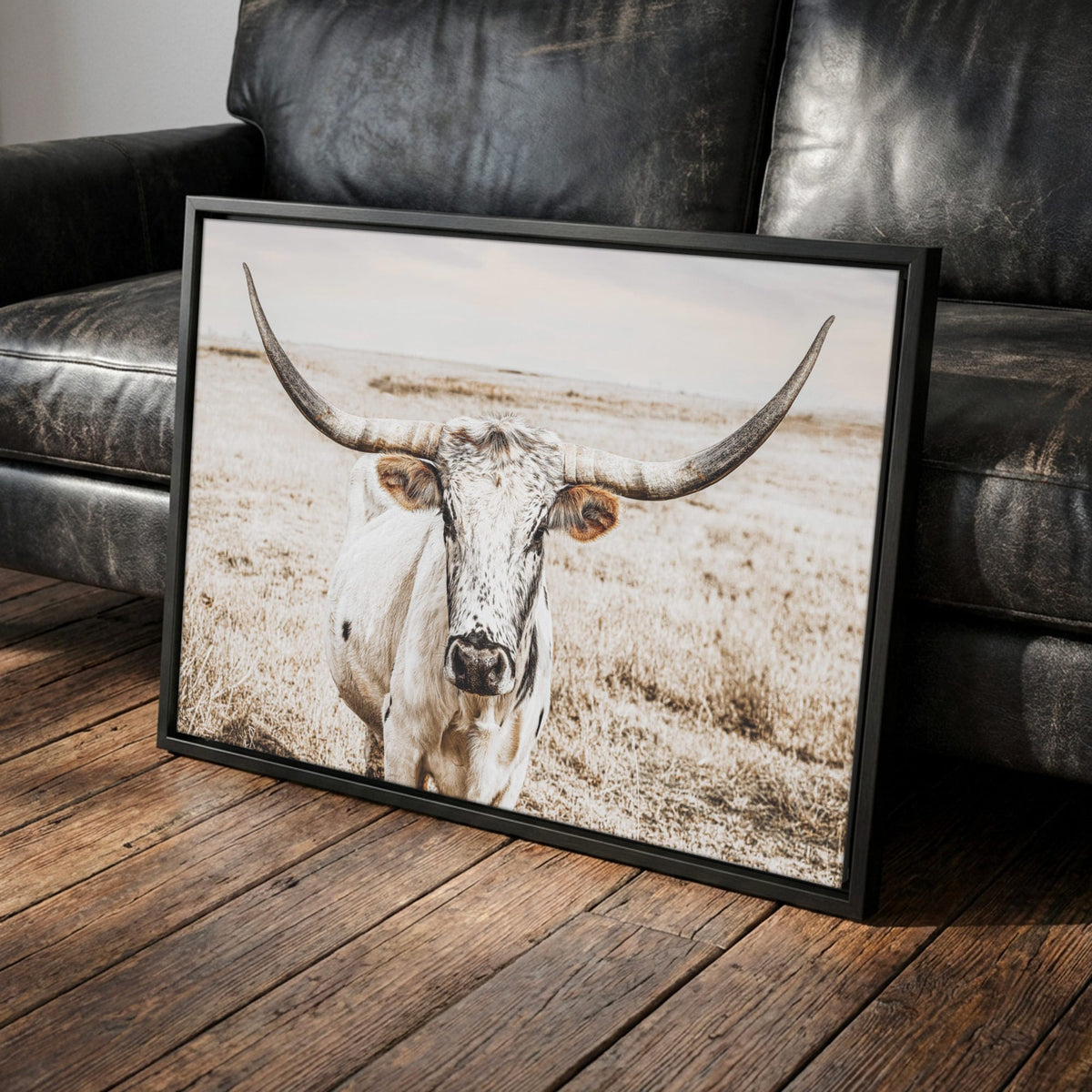Ranch House Decor Wall Art - Longhorn Photography Canvas-Black Frame / 12 x 18 Inches
