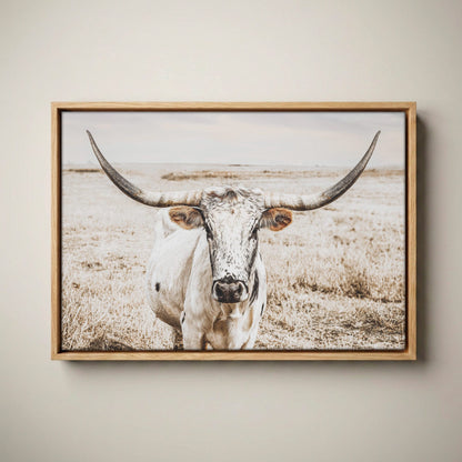 Ranch House Decor Wall Art - Longhorn Photography Canvas-Natural Oak Float Frame / 12 x 18 Inches