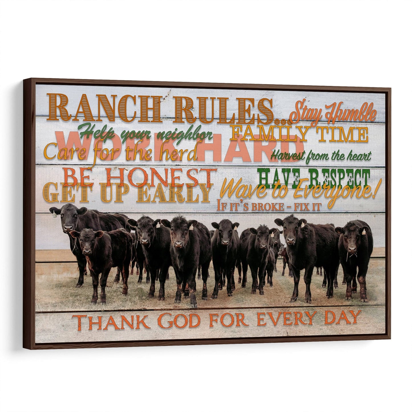 Ranch Rules Inspirational Quote about Farming and Ranching Canvas-Walnut Frame / 12 x 18 Inches Wall Art Teri James Photography