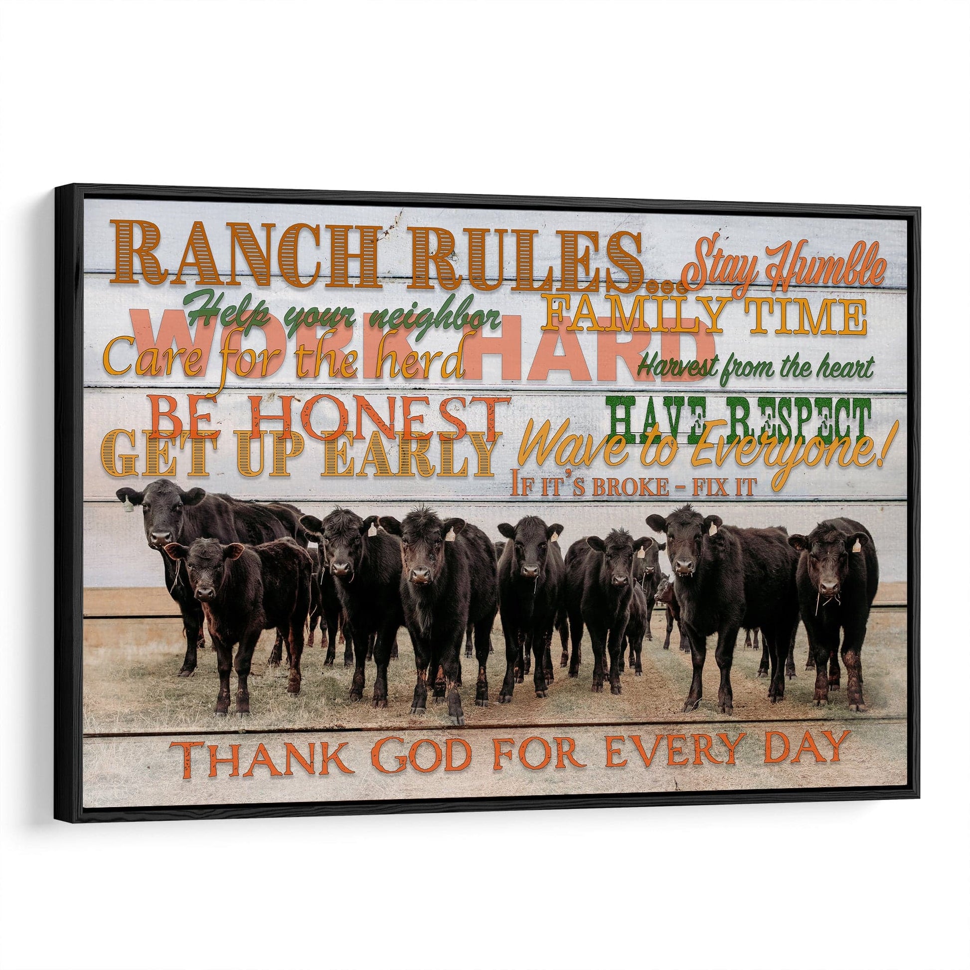 Ranch Rules Inspirational Quote about Farming and Ranching Canvas-Black Frame / 12 x 18 Inches Wall Art Teri James Photography