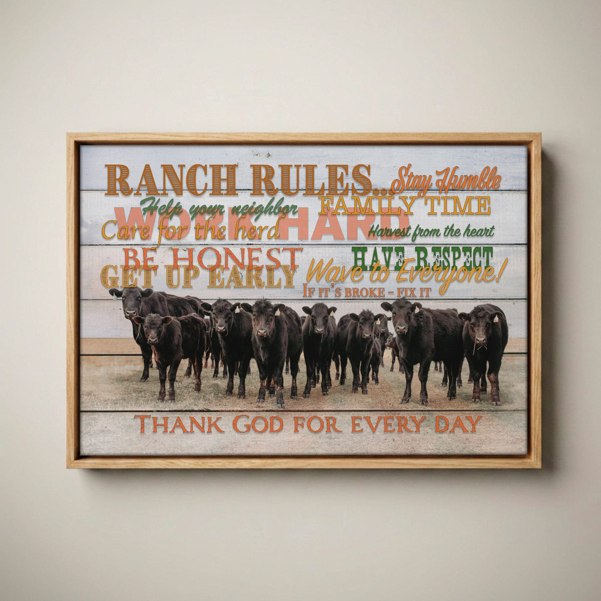 Ranch Rules Wall Art – Rustic Canvas Print Canvas-Natural Oak Float Frame / 12 x 18 Inches