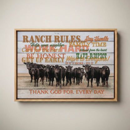 Ranch Rules Wall Art – Rustic Canvas Print Canvas-Natural Oak Float Frame / 12 x 18 Inches