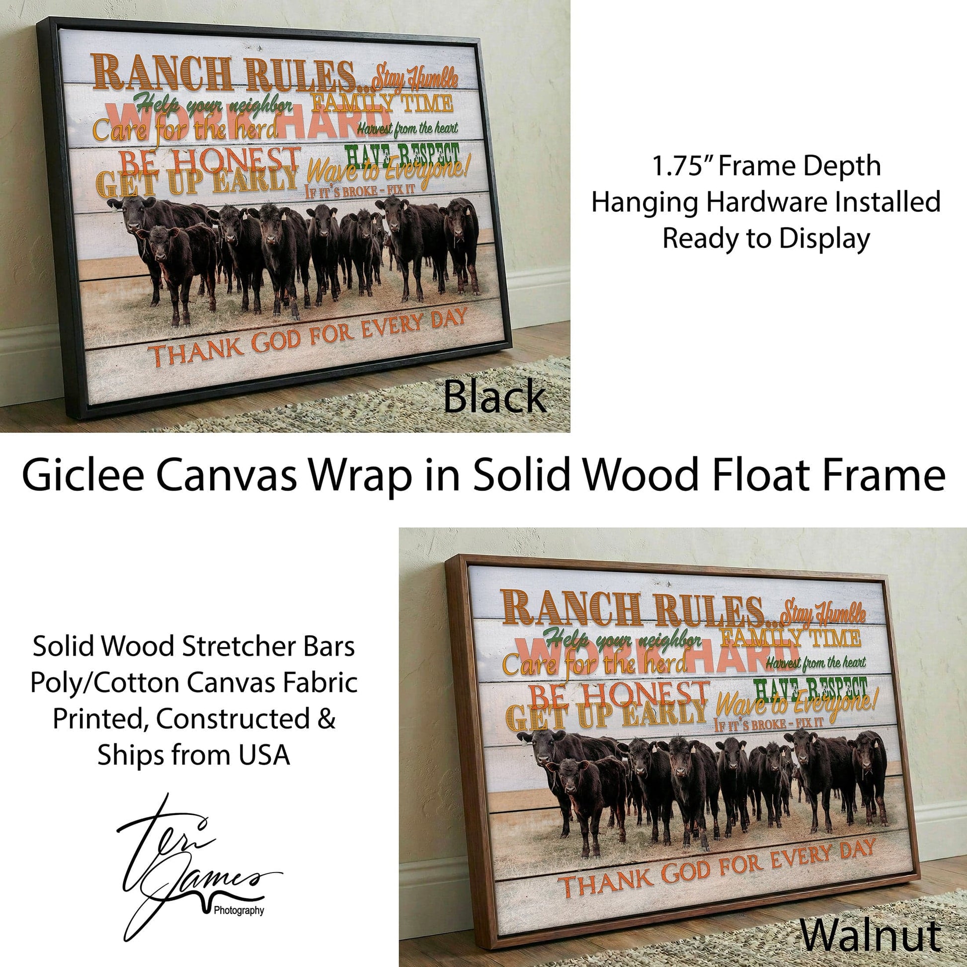 Ranch Rules Wall Art – Rustic Canvas Print with Inspirational Ranch Quote Canvas-Black Frame / 12 x 18 Inches Wall Art Teri James Photography