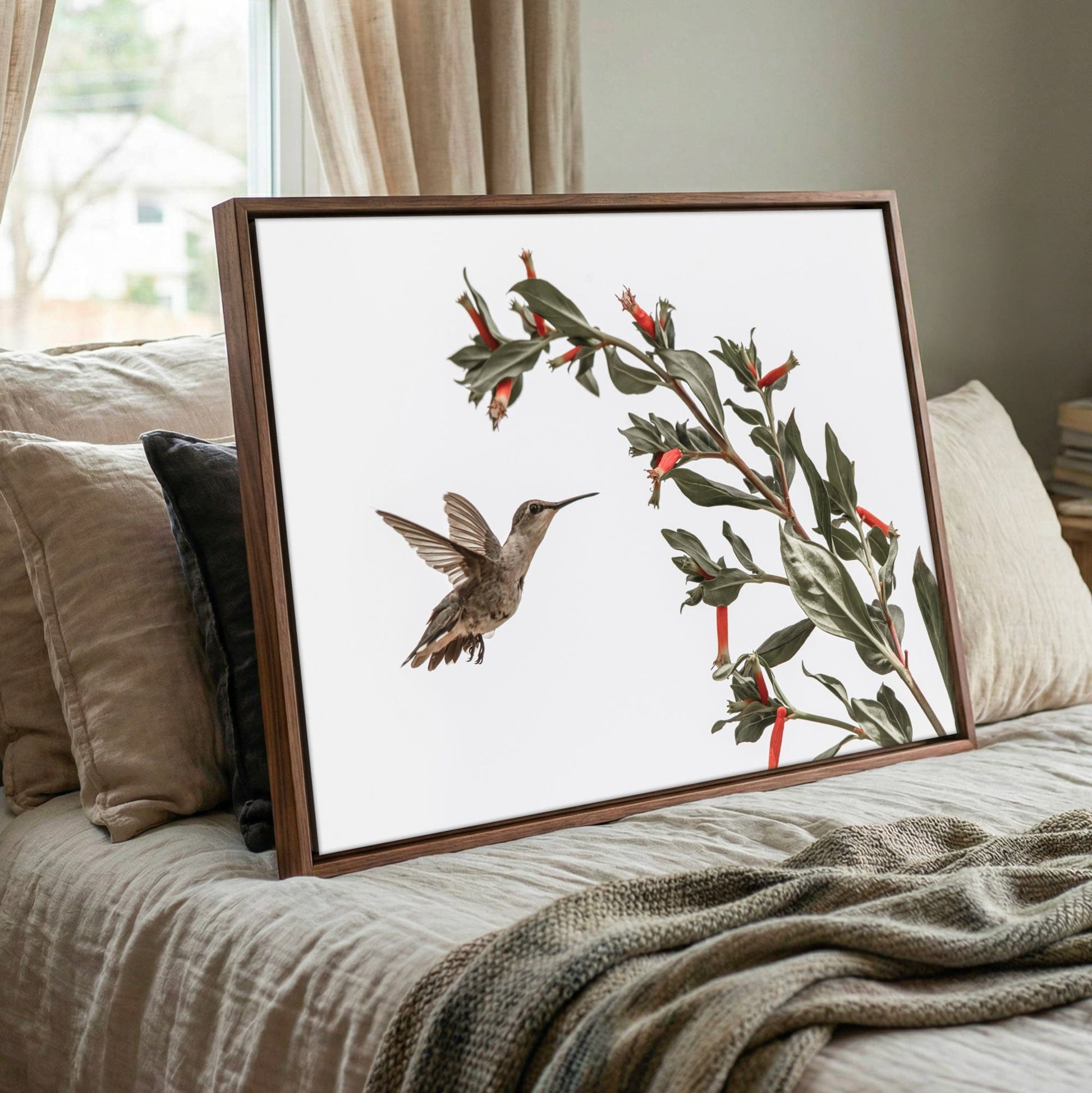 Ruby Throated Hummingbird Art – Framed Wildlife Photo Decor With Red Flower Wall Art Teri James Photography