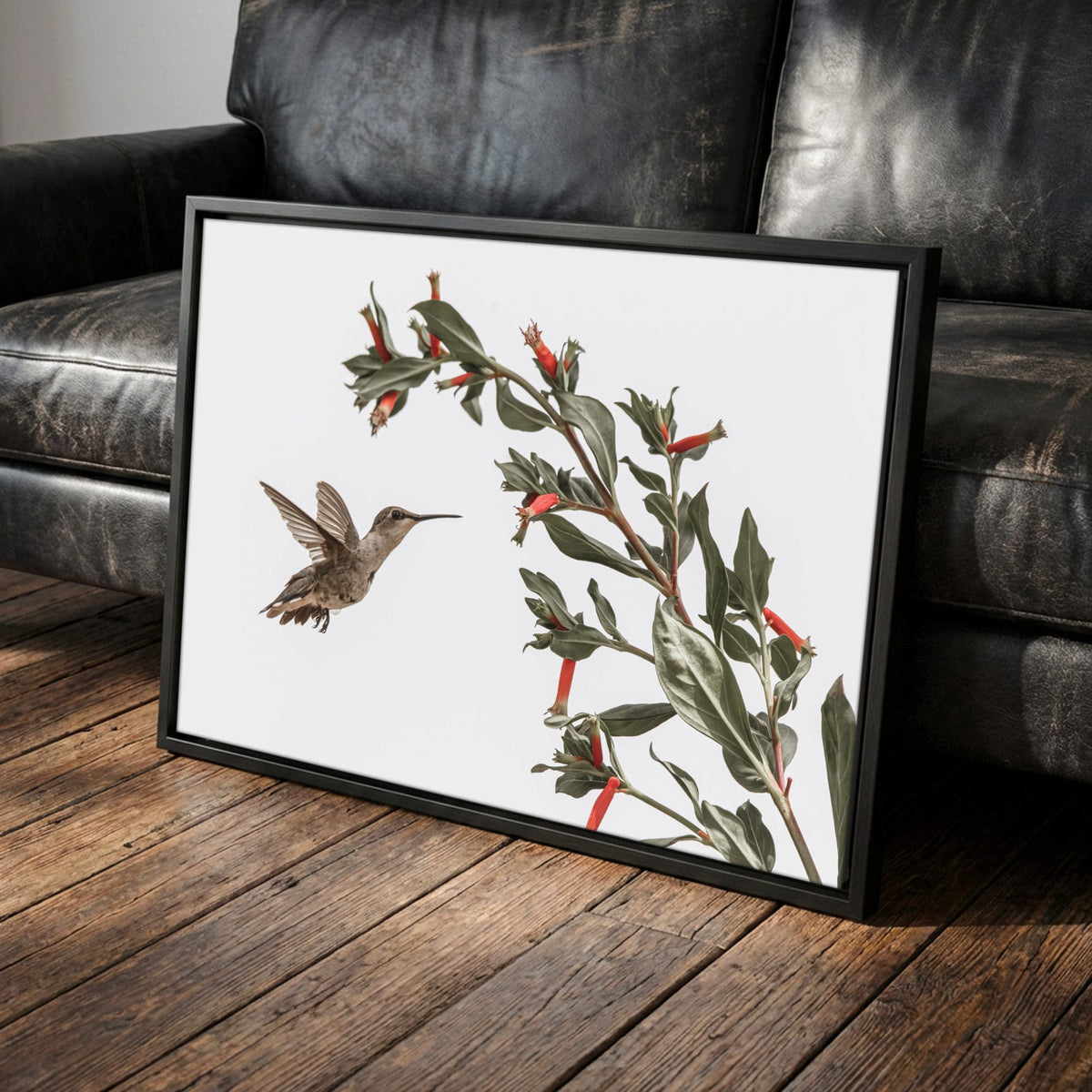 Ruby Throated Hummingbird Art – Wildlife Photo Decor Canvas-Black Frame / 12 x 18 Inches