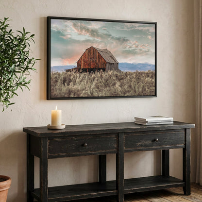 Rustic Barn Wall Art - Colorado Sunset Landscape Print Canvas-Black Frame / 12 x 18 Inches