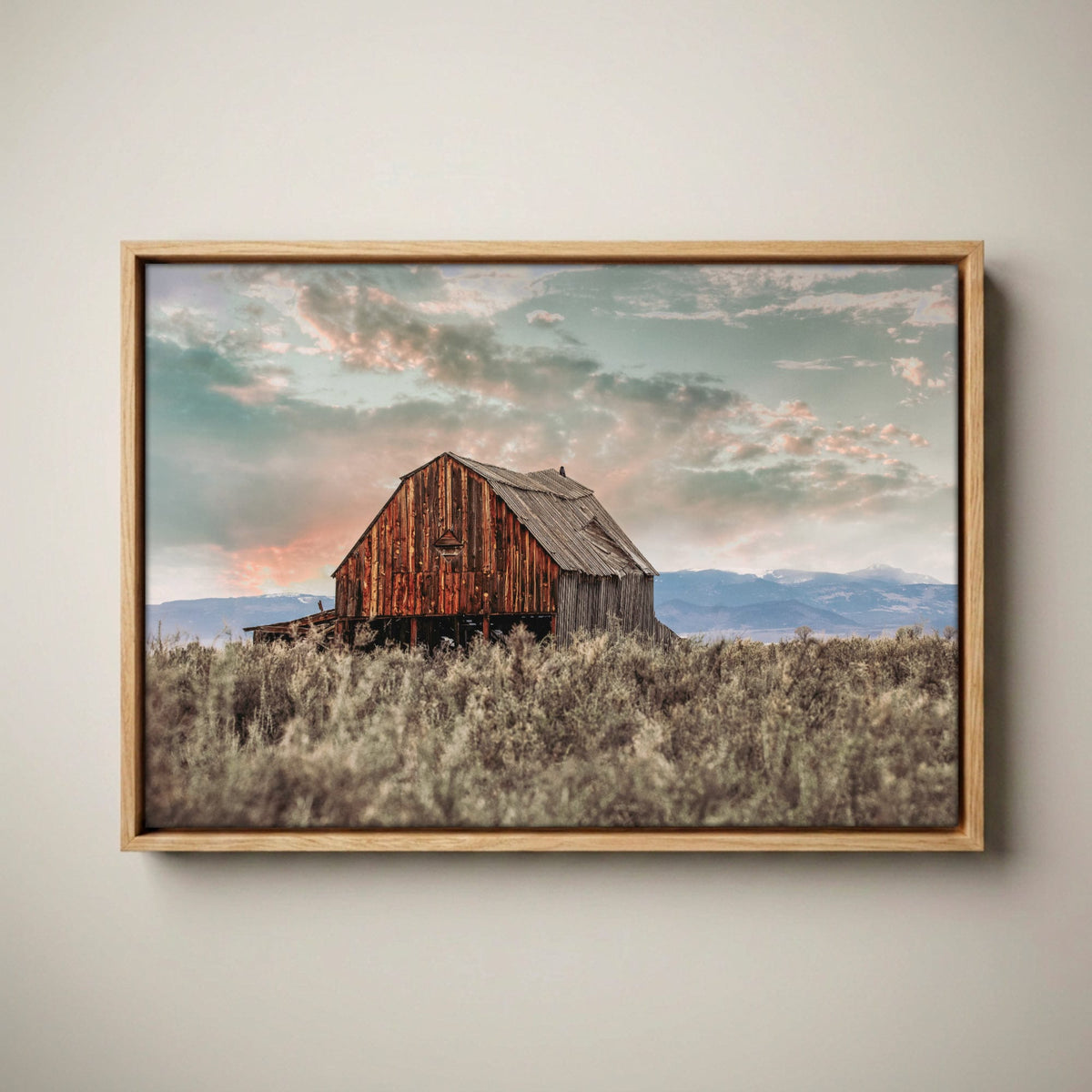 Rustic Barn Wall Art - Colorado Sunset Landscape Print Canvas-Natural Oak Float Frame / 12 x 18 Inches