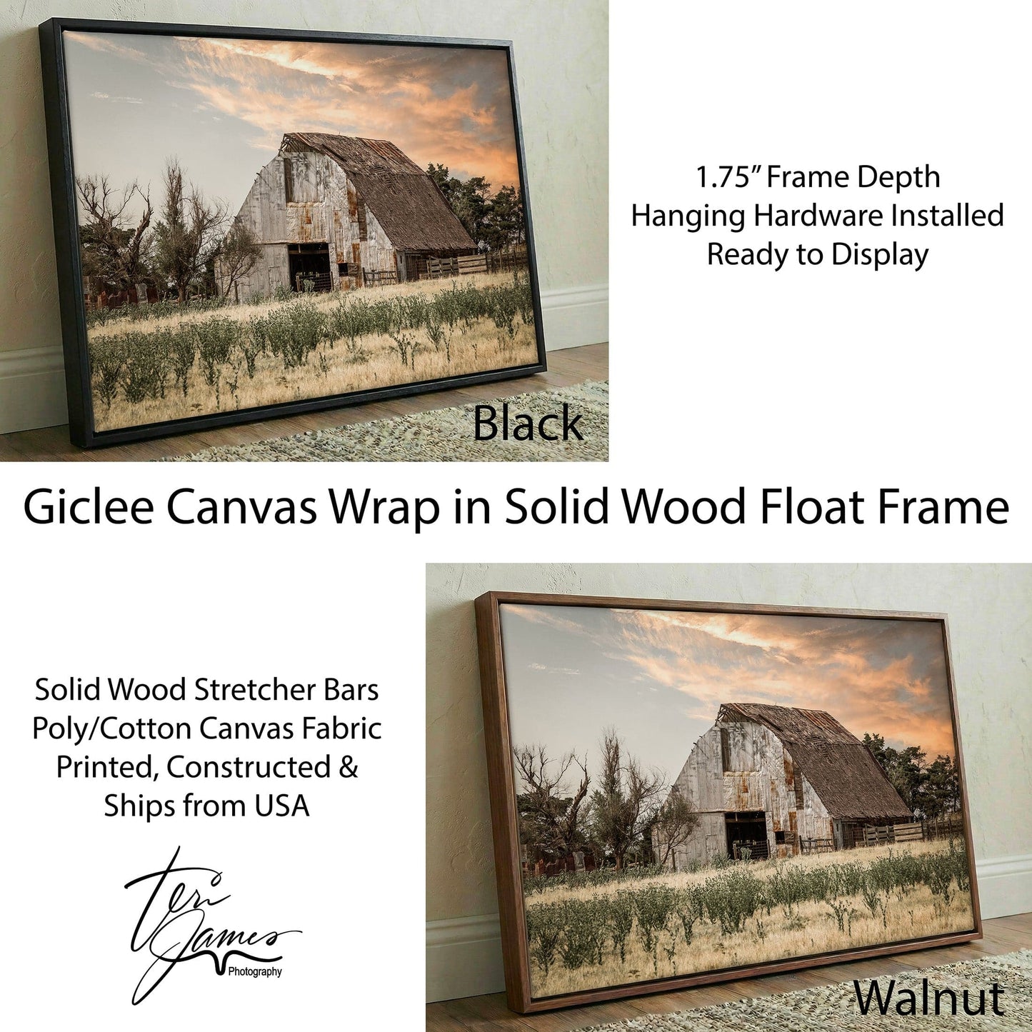 Rustic Barn Wall Art - Large Farm Landscape Canvas - Country Home Decor Canvas-Black Frame / 12 x 18 Inches Wall Art Teri James Photography