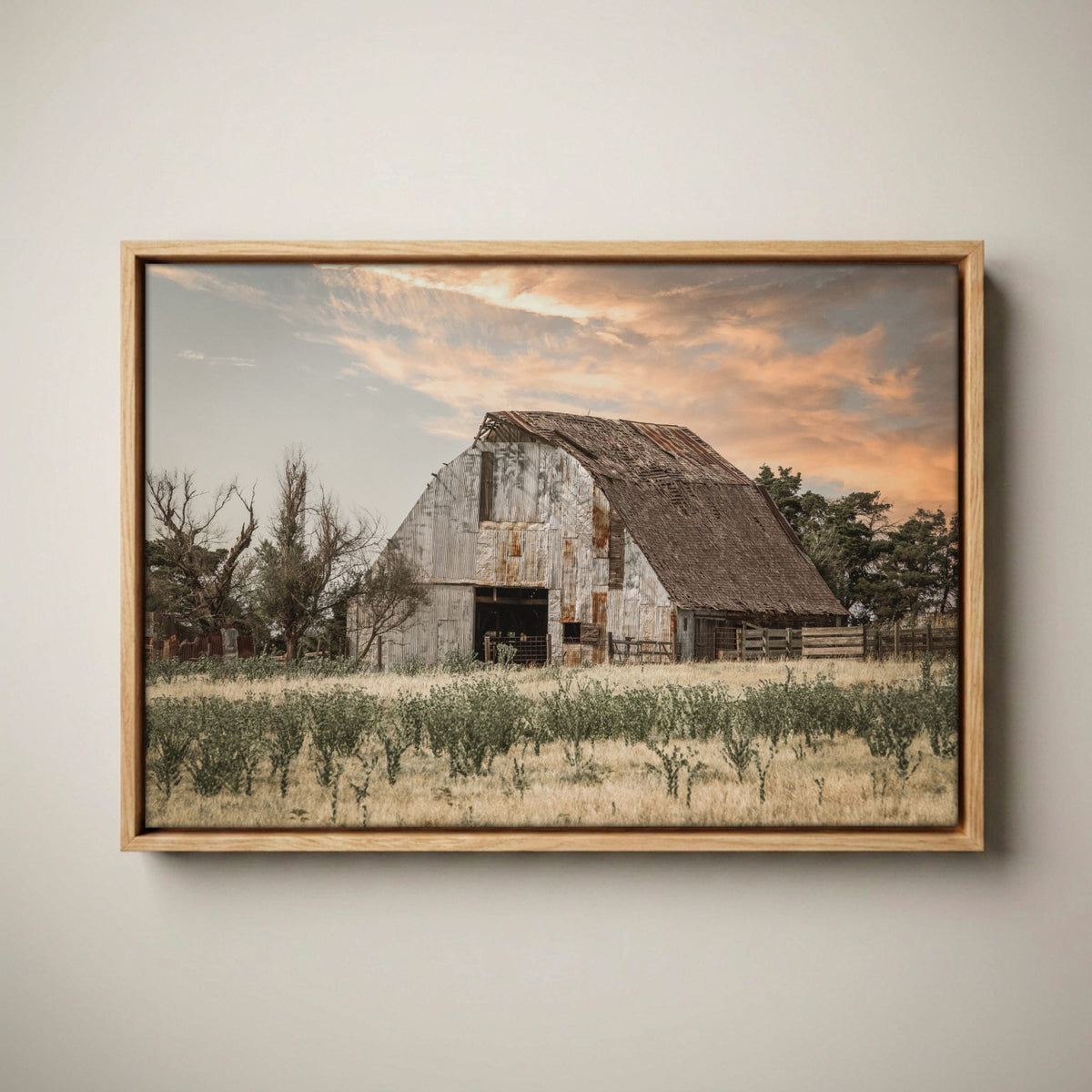 Rustic Barn Wall Art - Large Farm Landscape Canvas-Natural Oak Float Frame / 12 x 18 Inches
