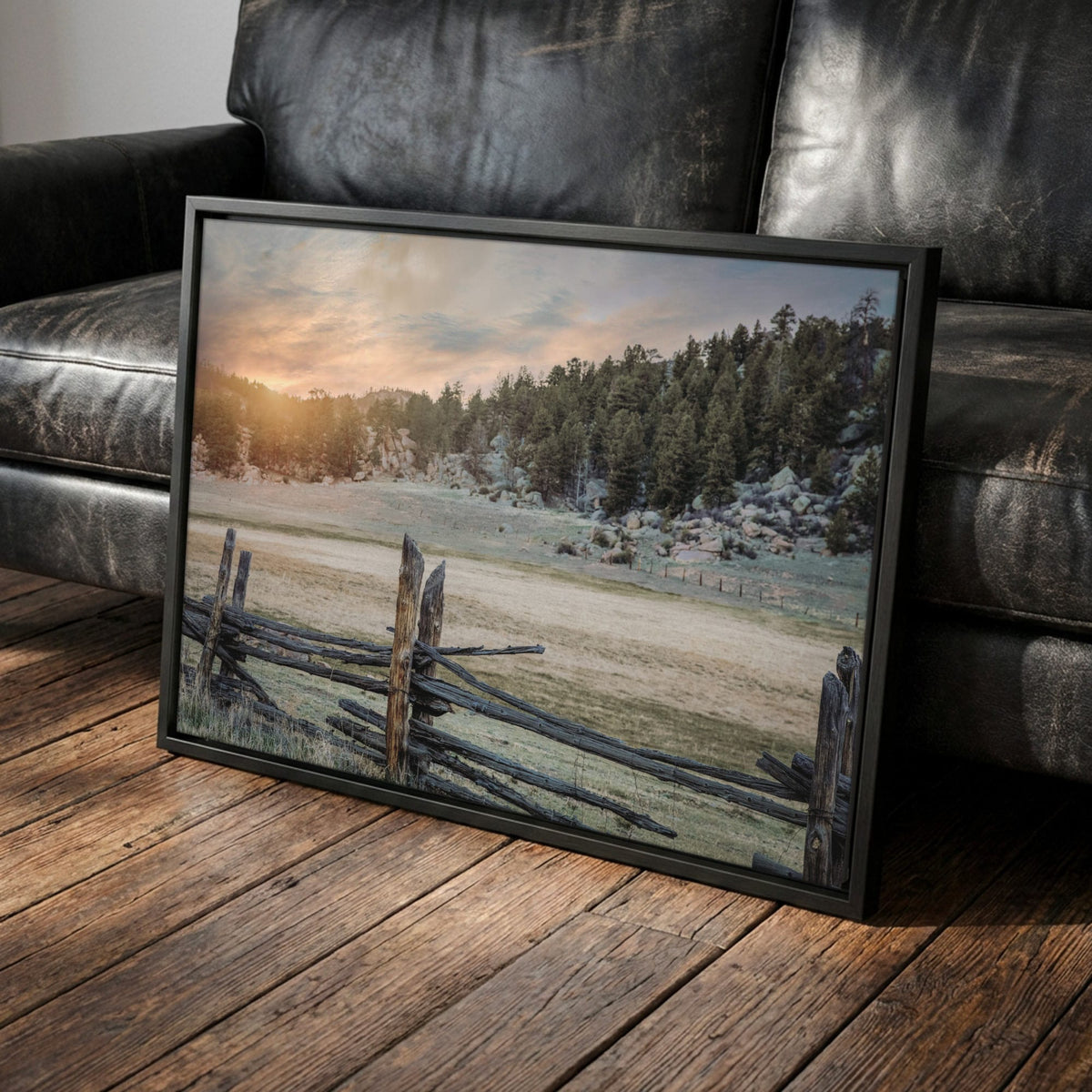 Rustic Bedroom Wall Art - Colorado Split Rail Fence Art Canvas-Black Frame / 12 x 18 Inches