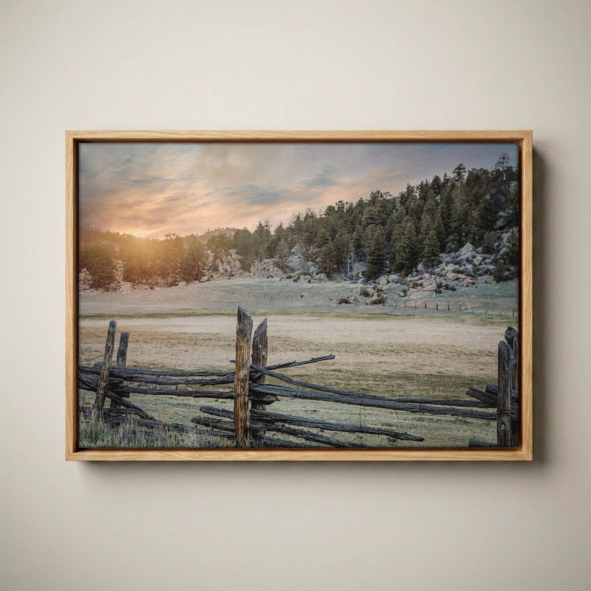Rustic Bedroom Wall Art - Colorado Split Rail Fence Art Canvas-Natural Oak Float Frame / 12 x 18 Inches