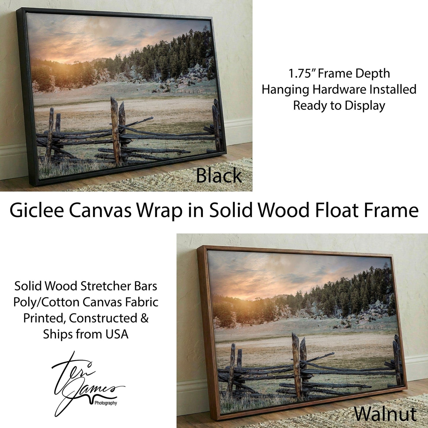 Rustic Bedroom Wall Art - Split Rail Fence Art With Colorado Sunset Print Canvas-Black Frame / 12 x 18 Inches Wall Art Teri James Photography