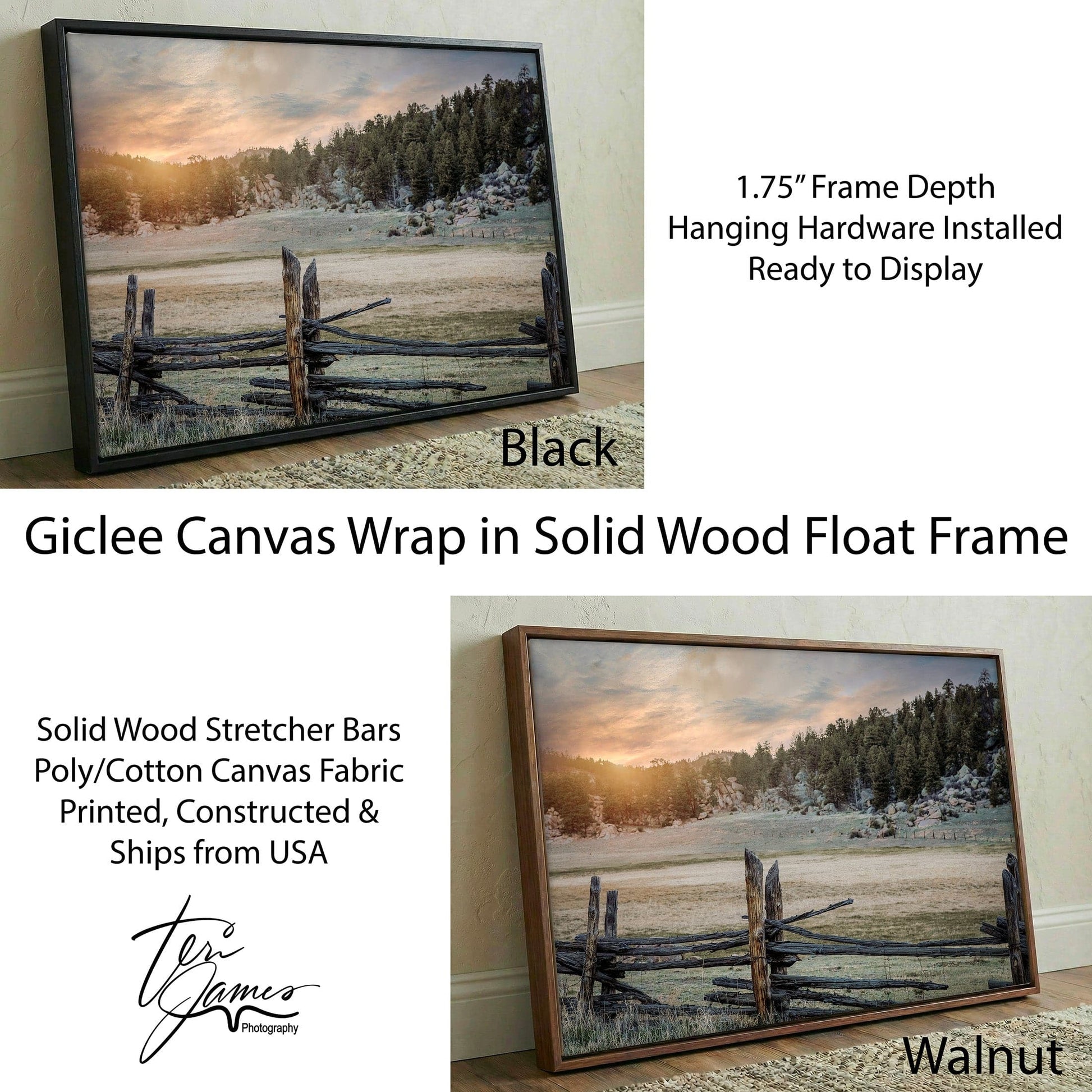 Rustic Bedroom Wall Art - Split Rail Fence Art With Colorado Sunset Print Canvas-Black Frame / 12 x 18 Inches Wall Art Teri James Photography