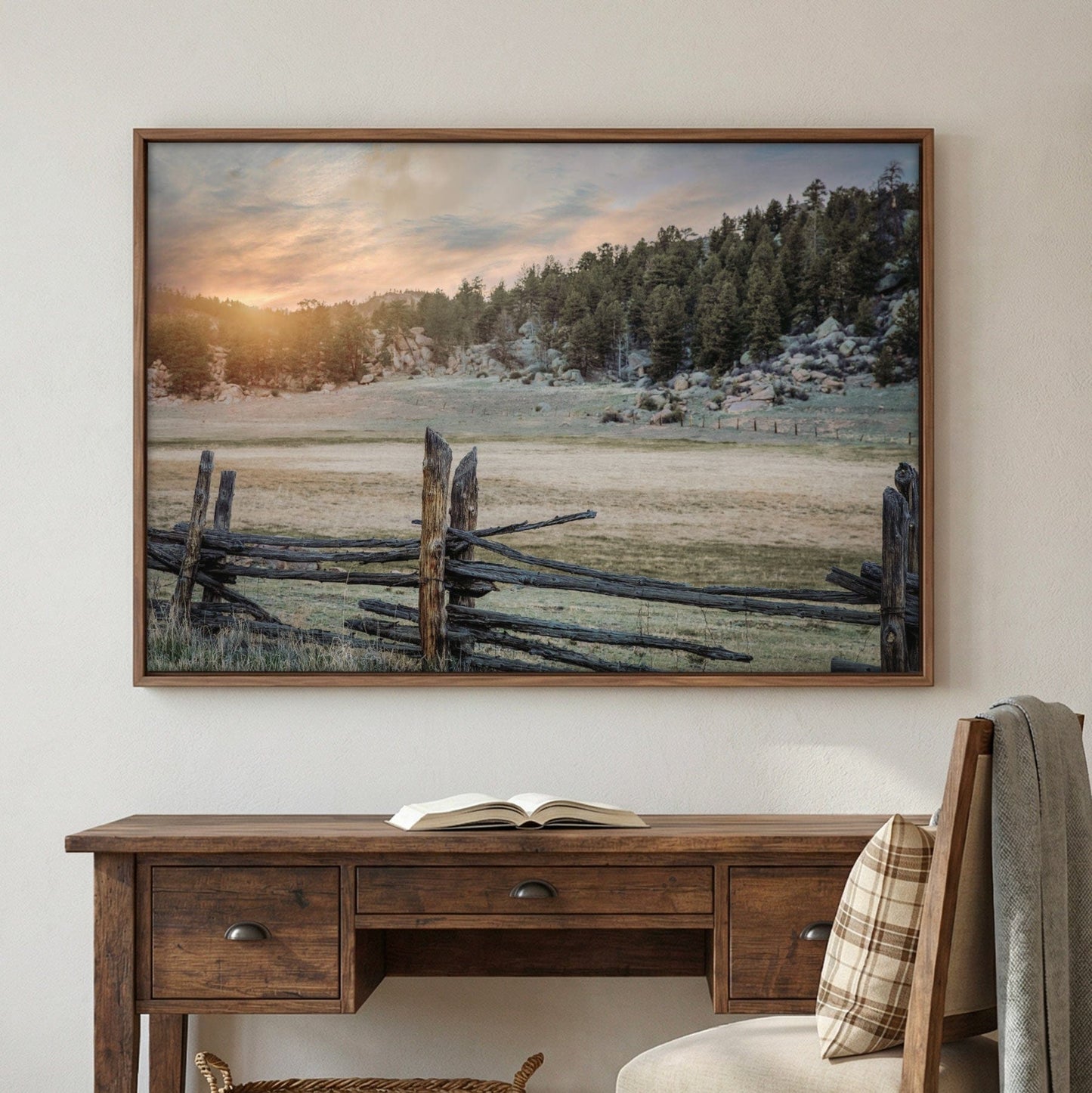 Rustic Bedroom Wall Art - Split Rail Fence Art With Colorado Sunset Print Wall Art Teri James Photography