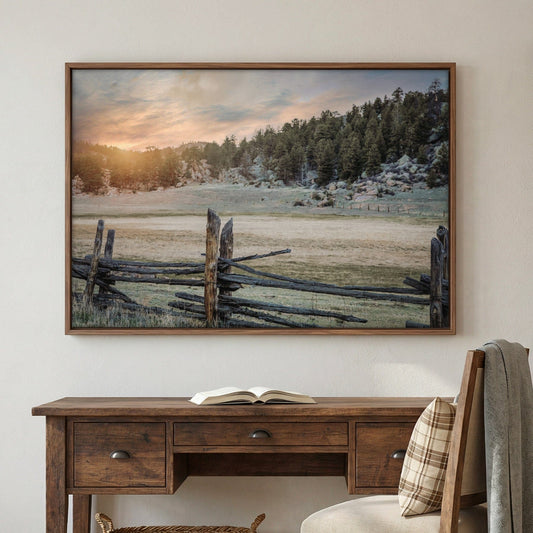 Rustic Bedroom Wall Art - Split Rail Fence Art With Colorado Sunset Print Wall Art Teri James Photography