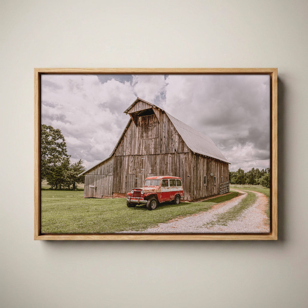 Rustic Country Wall Art – Old Barn Canvas with Jeep Canvas-Natural Oak Float Frame / 12 x 18 Inches