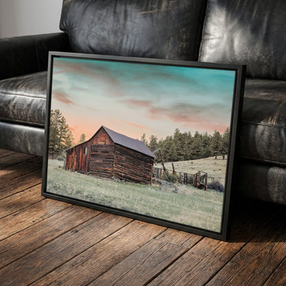 Rustic Dining Room Decor - Colorado Barn Print Canvas-Black Frame / 12 x 18 Inches