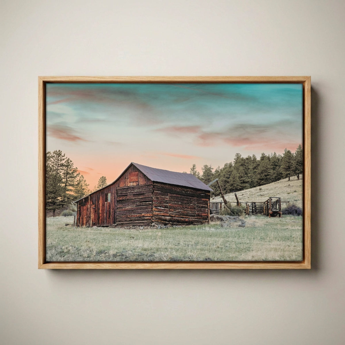 Rustic Dining Room Decor - Colorado Barn Print Canvas-Natural Oak Float Frame / 12 x 18 Inches