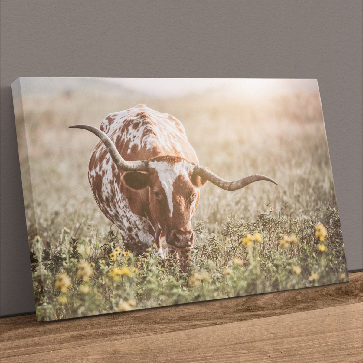 Rustic Farmhouse Artwork - Longhorn in Flowers Canvas-Unframed / 12 x 18 Inches