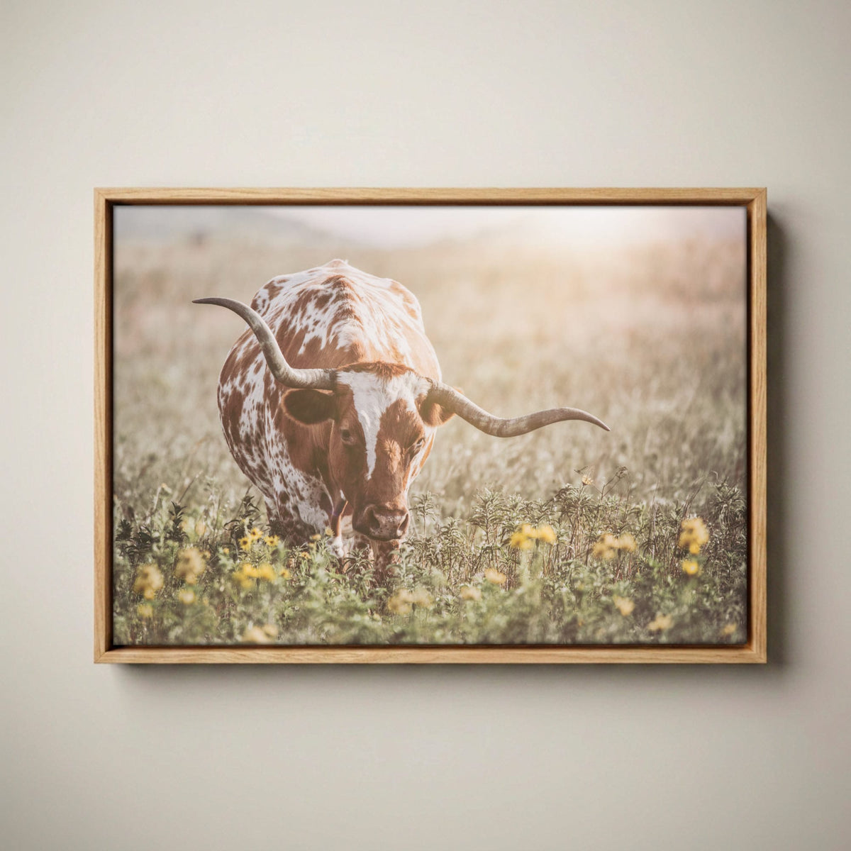 Rustic Farmhouse Artwork - Longhorn in Flowers Canvas-Natural Oak Float Frame / 12 x 18 Inches