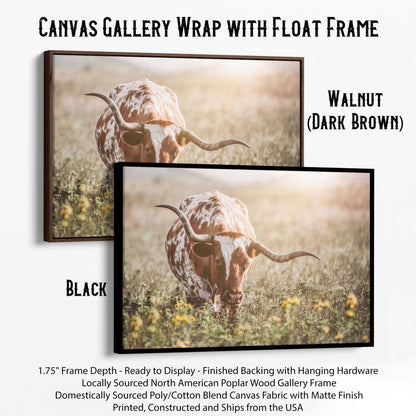 Rustic Farmhouse Artwork - Longhorn in Flowers Canvas-Black Frame / 12 x 18 Inches Wall Art Teri James Photography