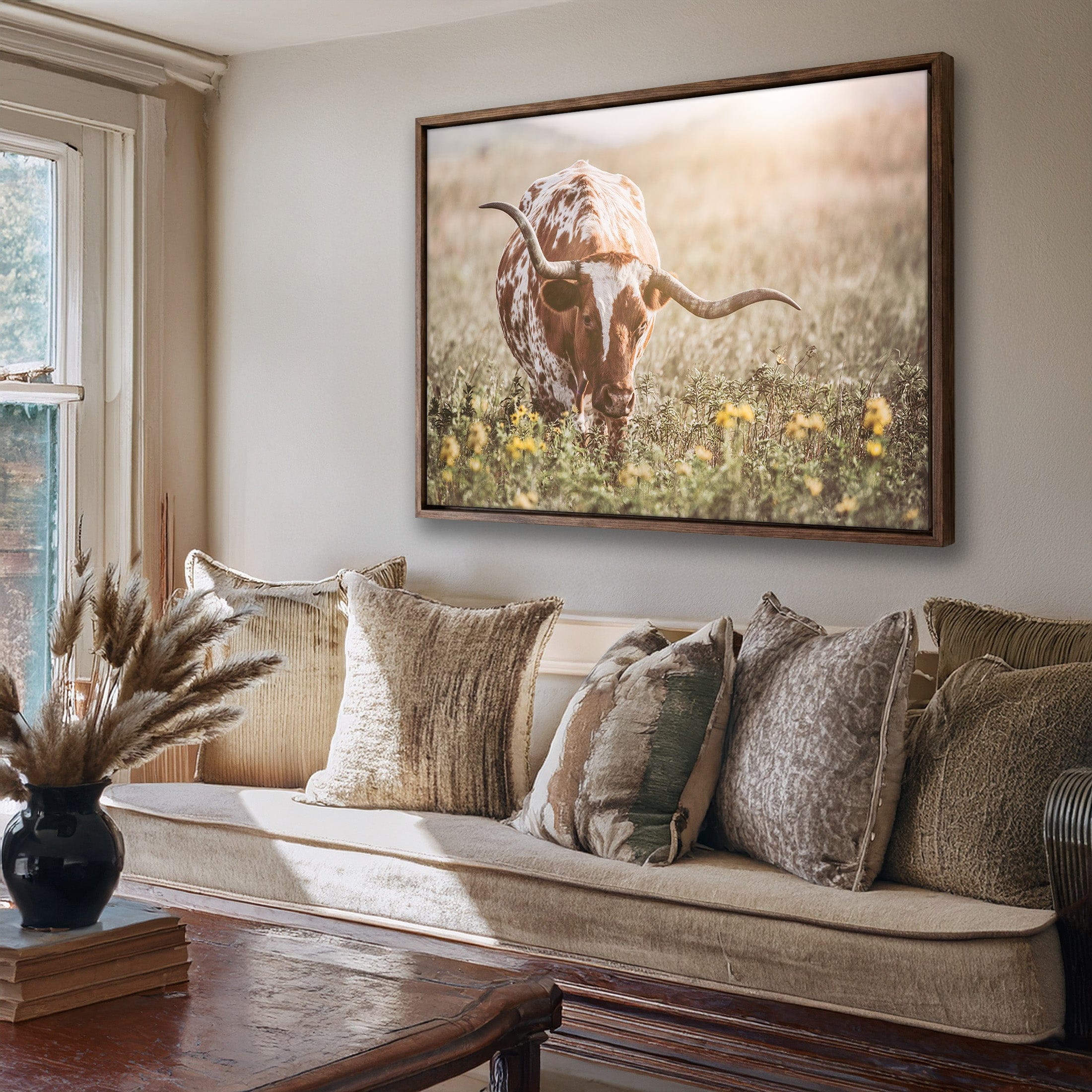 Rustic Farmhouse Artwork: Texas Longhorn & Wildflowers