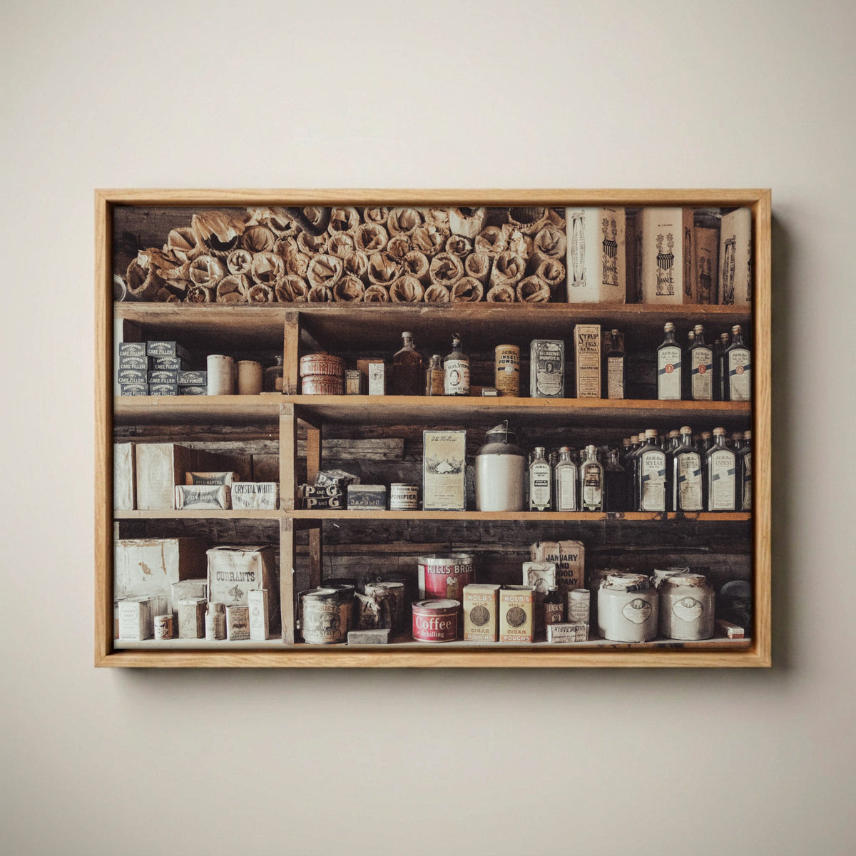 Rustic General Store Canvas - Vintage Americana Art Canvas-Natural Oak Float Frame / 12 x 18 Inches