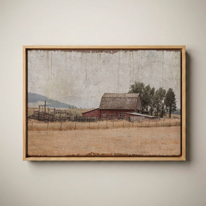 Rustic Home Wall Art - Vintage Farmhouse Old Barn Canvas-Natural Oak Float Frame / 12 x 18 Inches