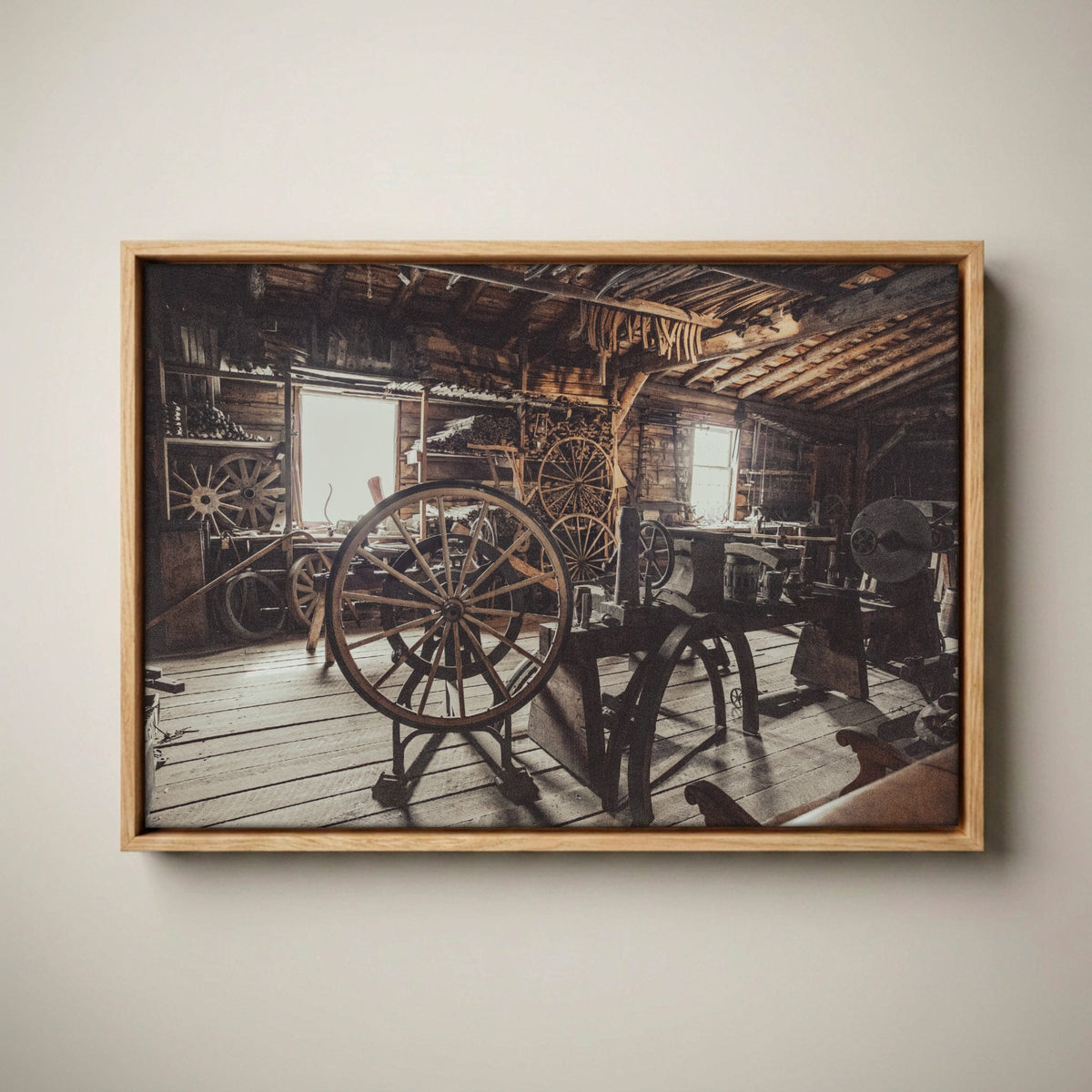 Rustic Industrial Wall Art - Vintage Workshop Print Canvas-Natural Oak Float Frame / 12 x 18 Inches