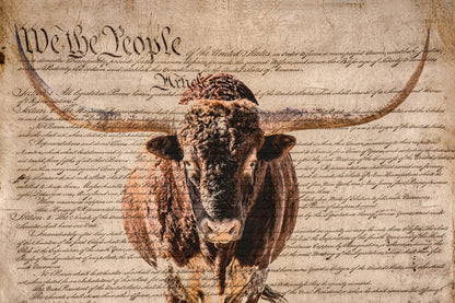 Rustic Patriotic Wall Art - Longhorn & U.S. Constitution Mounted Photo Print / 12 x 18 Inches