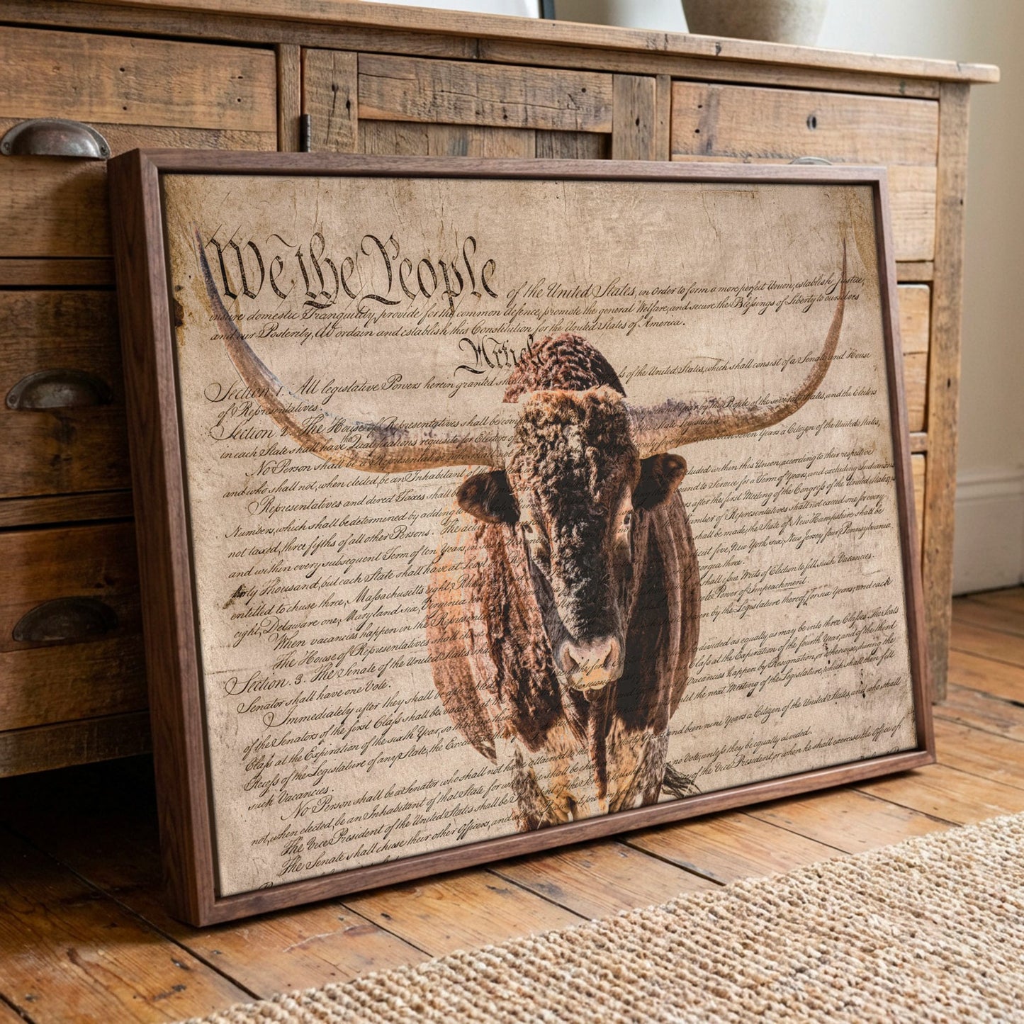 Rustic Patriotic Wall Art - Longhorn & U.S. Constitution Canvas-Walnut Frame / 12 x 18 Inches