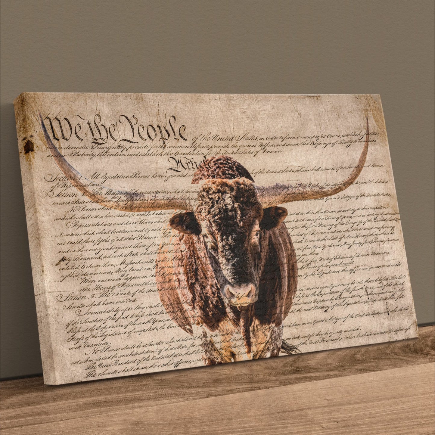 Rustic Patriotic Wall Art - Longhorn & U.S. Constitution Canvas-Unframed / 12 x 18 Inches